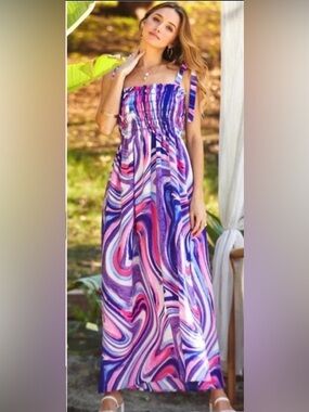 New USA MADE Watercolor Swirl Side Slit Shoulder Tie Bow Maxi Dress